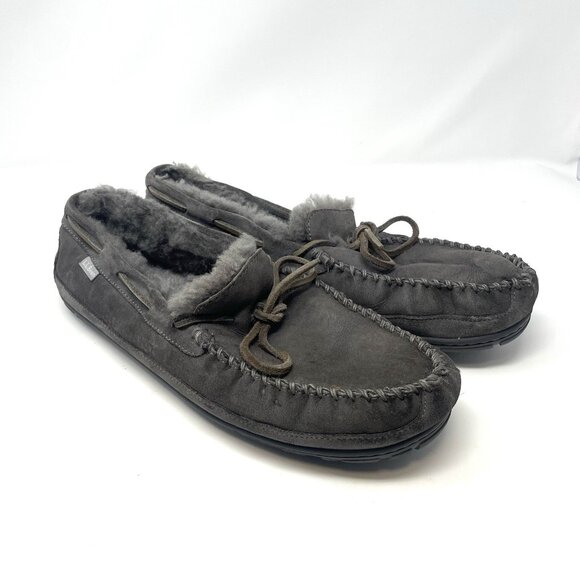 L.L. Bean Wicked Good Sheepskin Shearling Lined Moccasins Slippers Men's 14 Gray - Picture 1 of 7